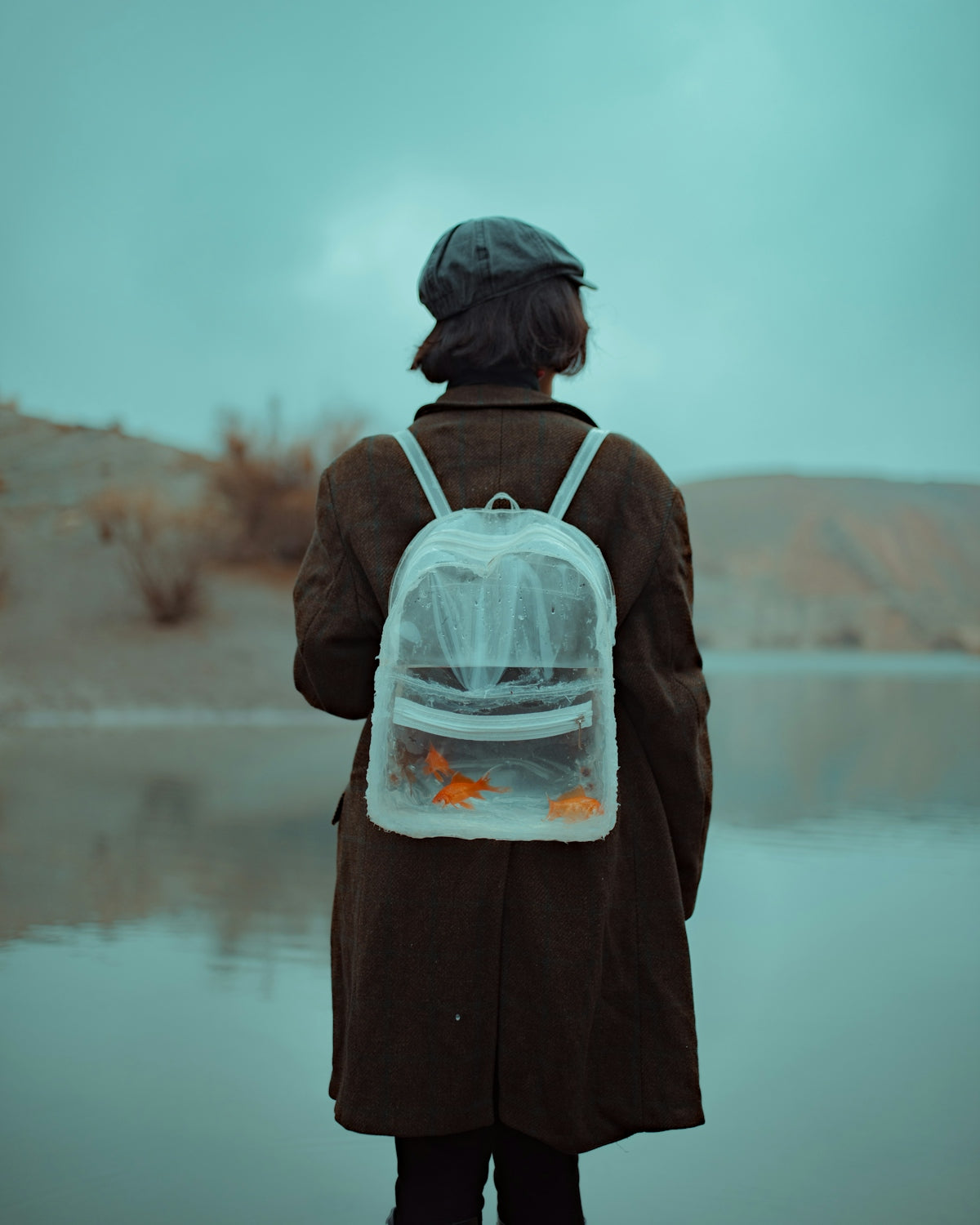 Woman with backpack carrying goldfish by the water