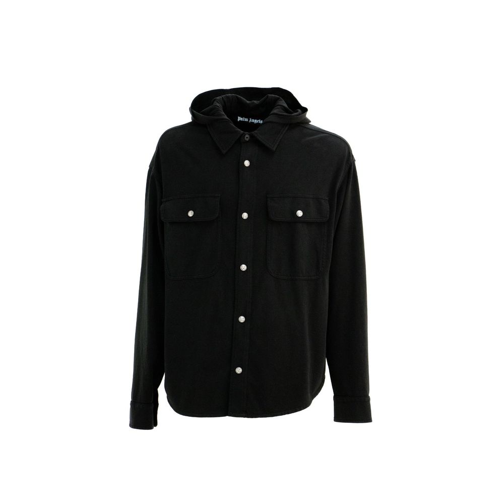 Black Cotton Denim Shirt With Hood