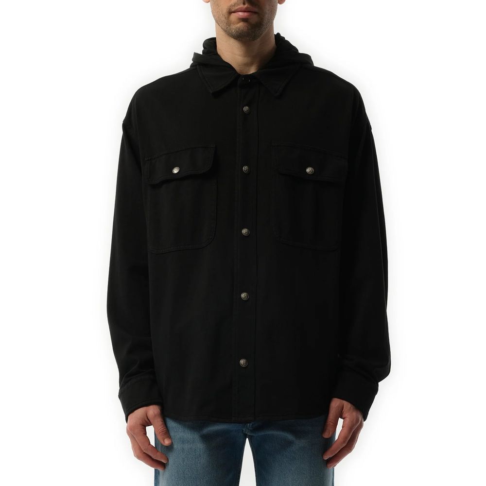 Black Cotton Denim Shirt With Hood