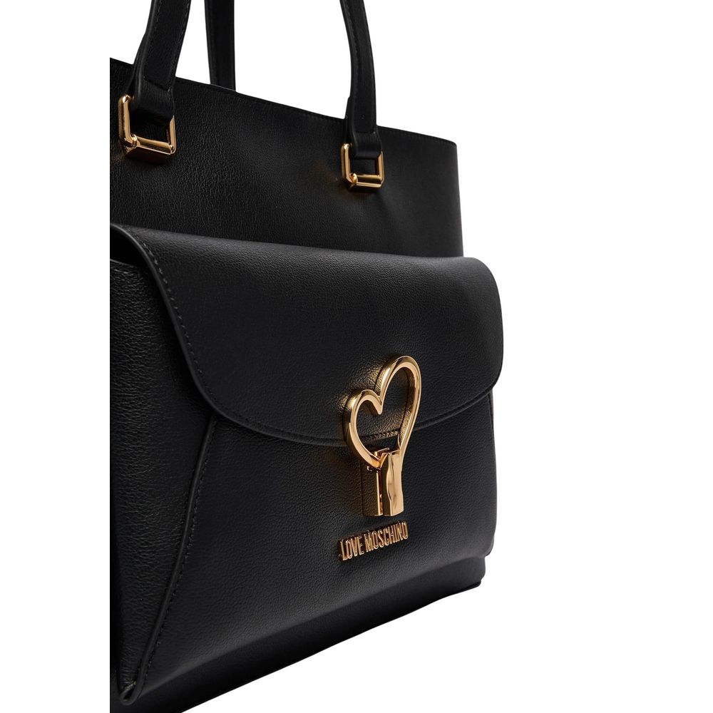 Black Polyurethane Shopper Handbag