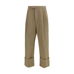 Beige Cotton Gabardine Double Pleat Wide Cuff Trousers