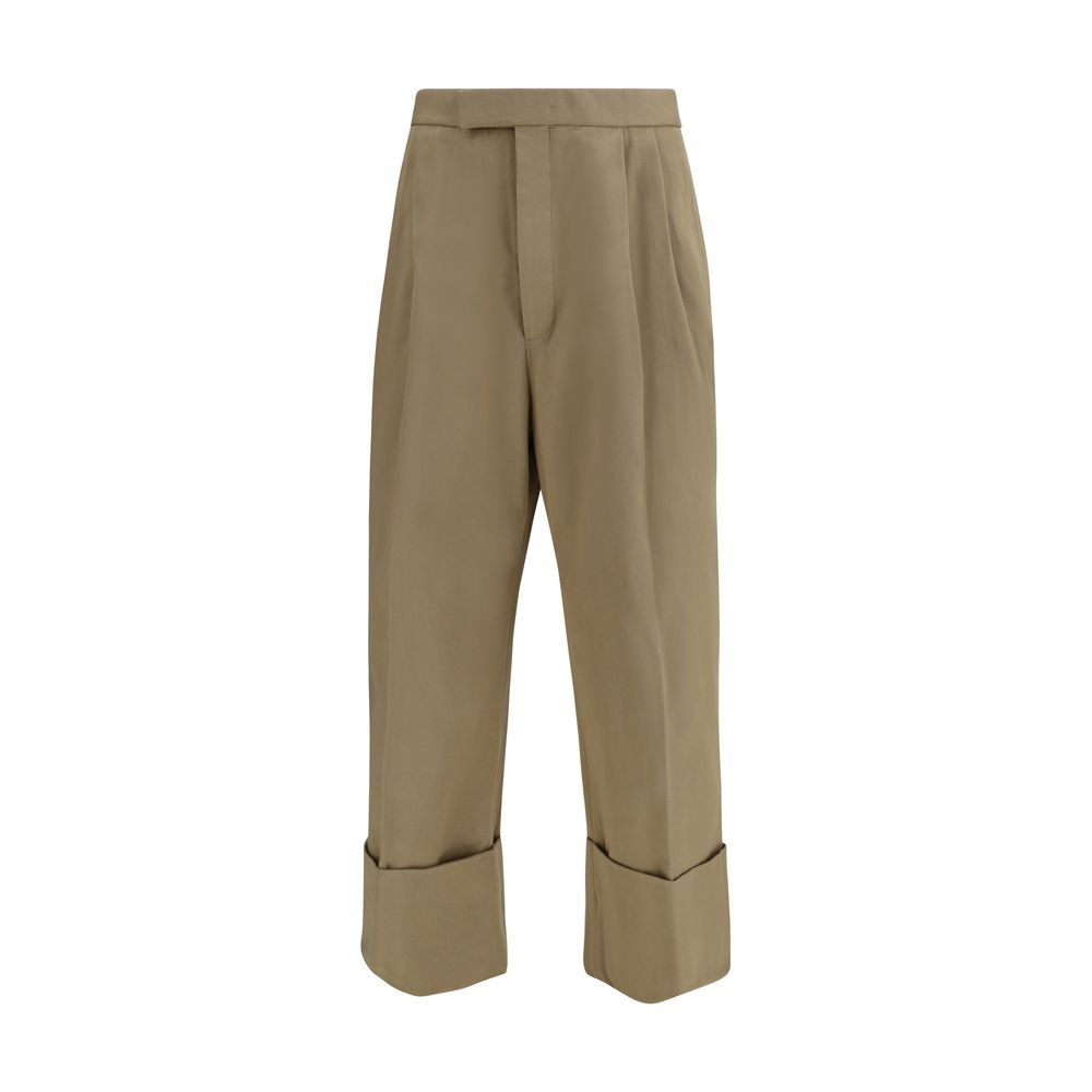 Beige Cotton Gabardine Double Pleat Wide Cuff Trousers