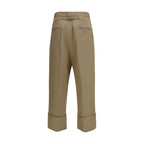 Beige Cotton Gabardine Double Pleat Wide Cuff Trousers