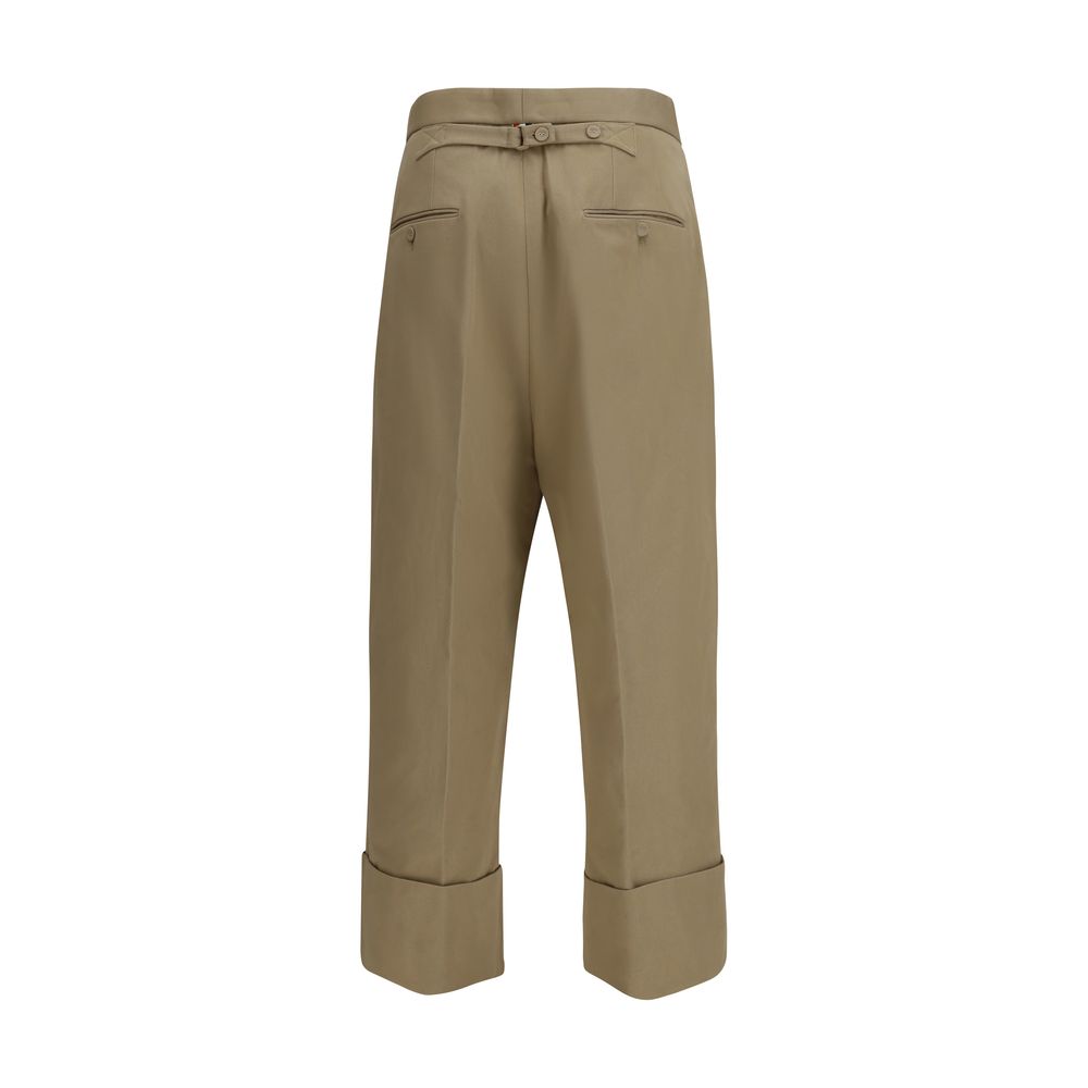 Beige Cotton Gabardine Double Pleat Wide Cuff Trousers