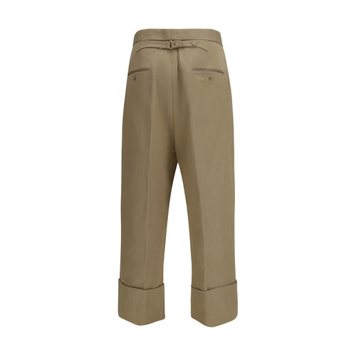 Beige Cotton Gabardine Double Pleat Wide Cuff Trousers