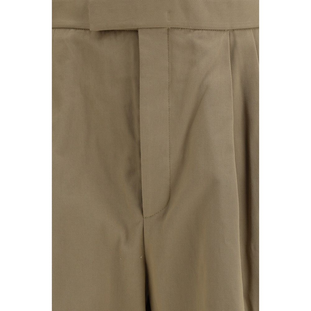 Beige Cotton Gabardine Double Pleat Wide Cuff Trousers