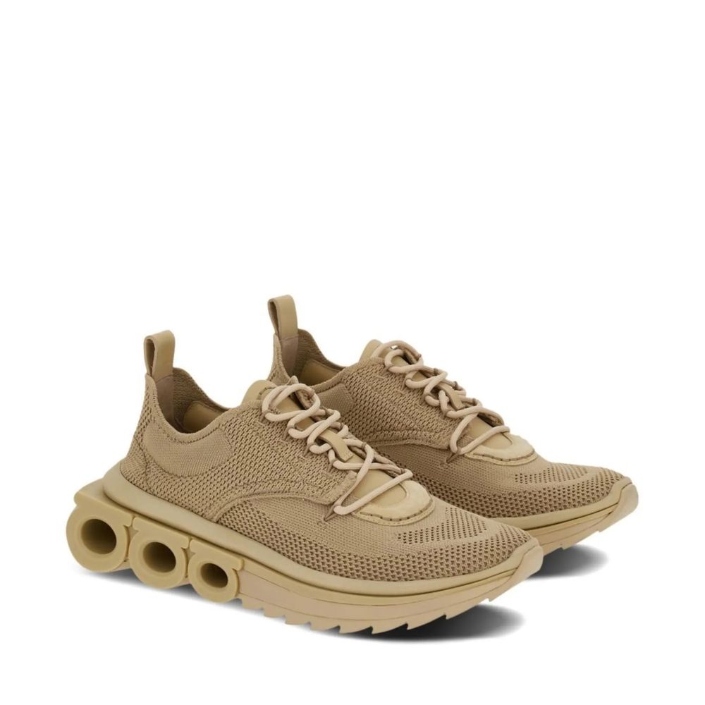 Beige Fabric Leather Lace Up Sneakers
