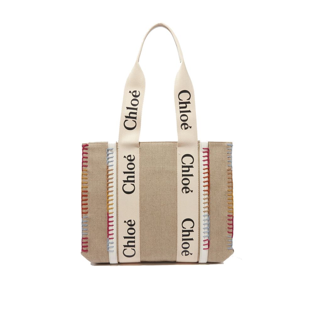 Beige Linen Tote with Calfskin Trim