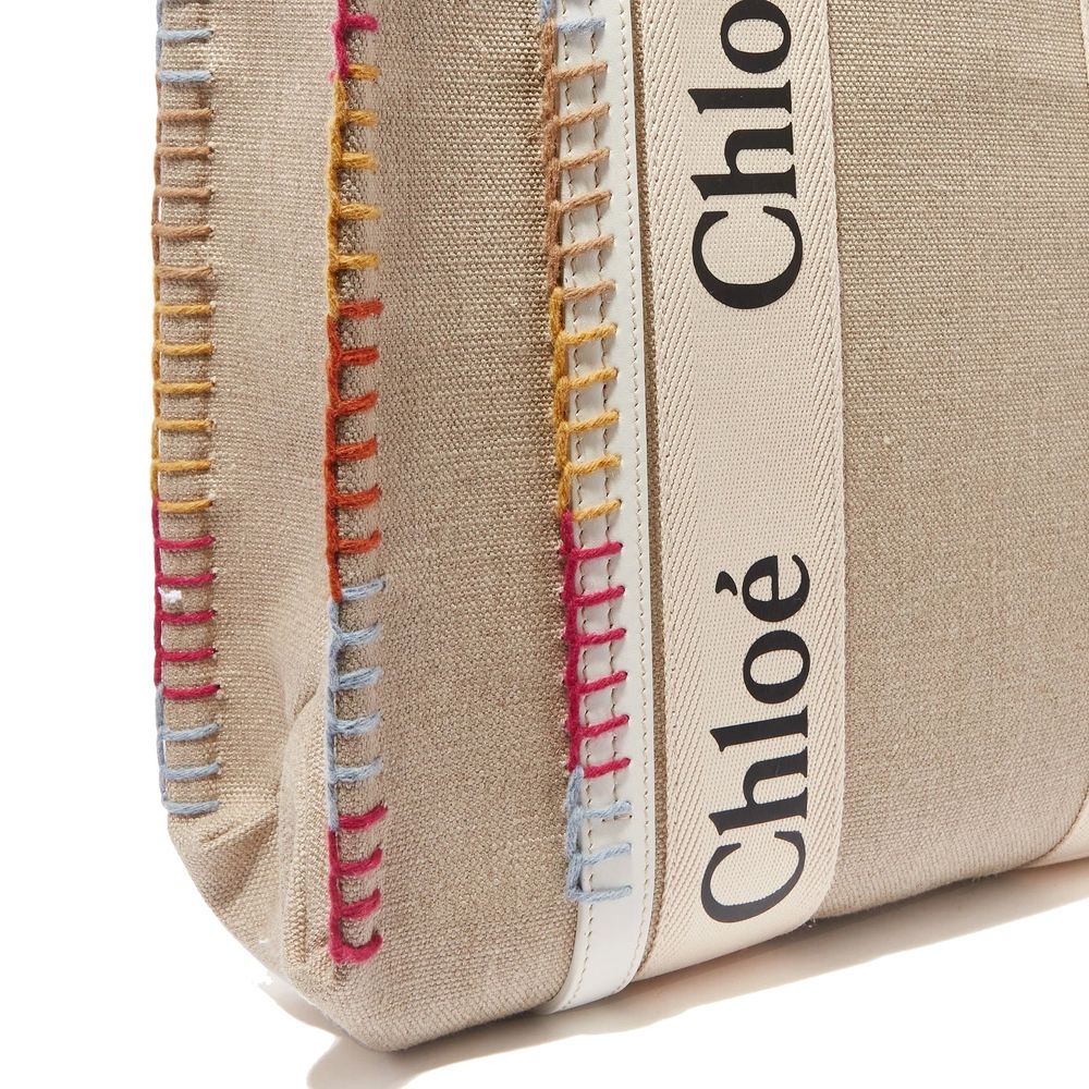 Beige Linen Tote with Calfskin Trim