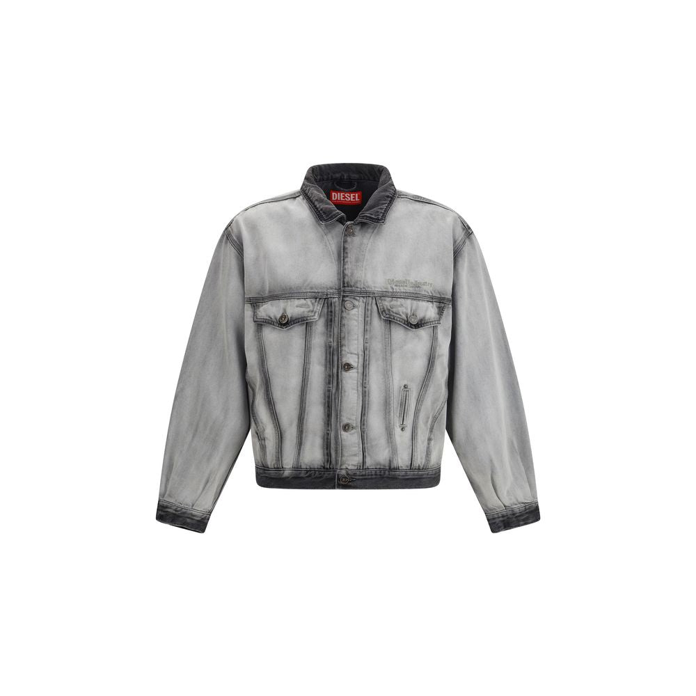 Denim Jacket with Tonal Stitching and Leather Collar