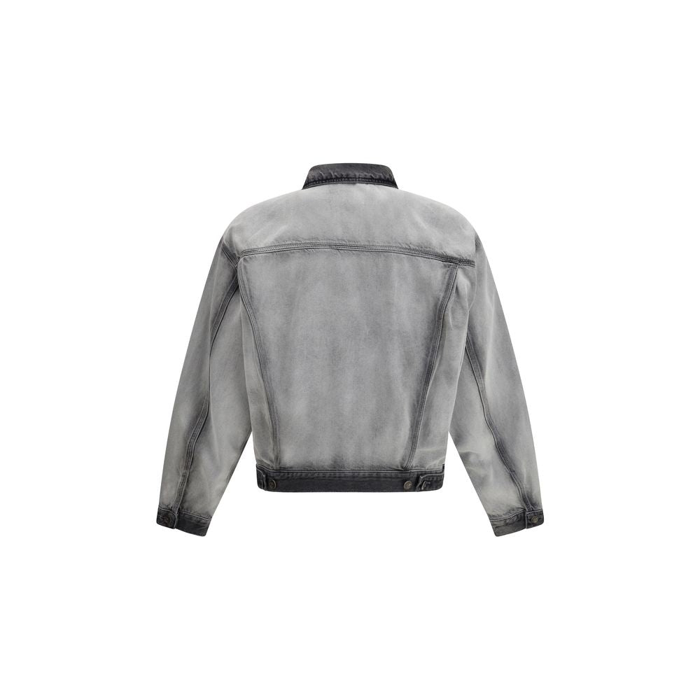 Denim Jacket with Tonal Stitching and Leather Collar