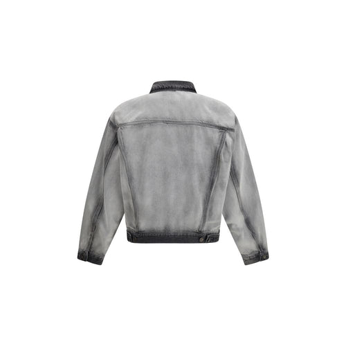 Denim Jacket with Tonal Stitching and Leather Collar