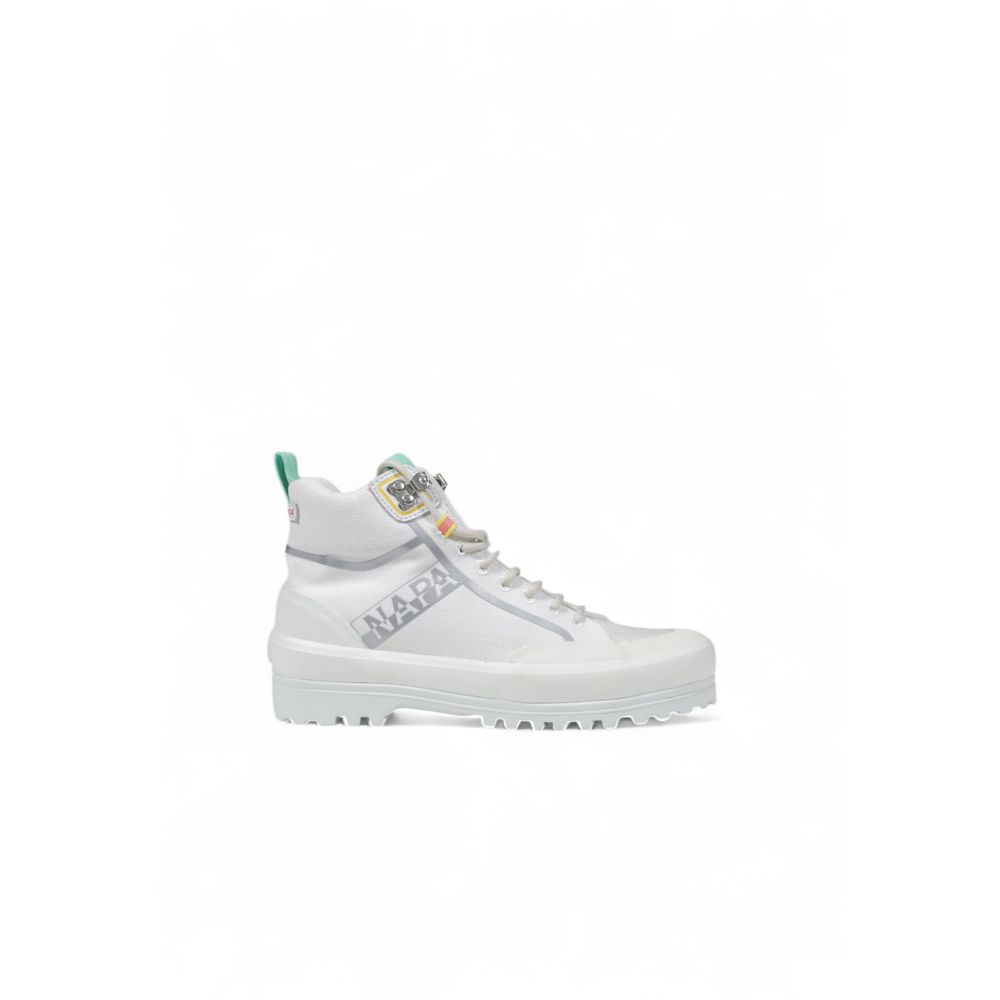 White Fabric Lug-Sole Mid-Cut Sneakers