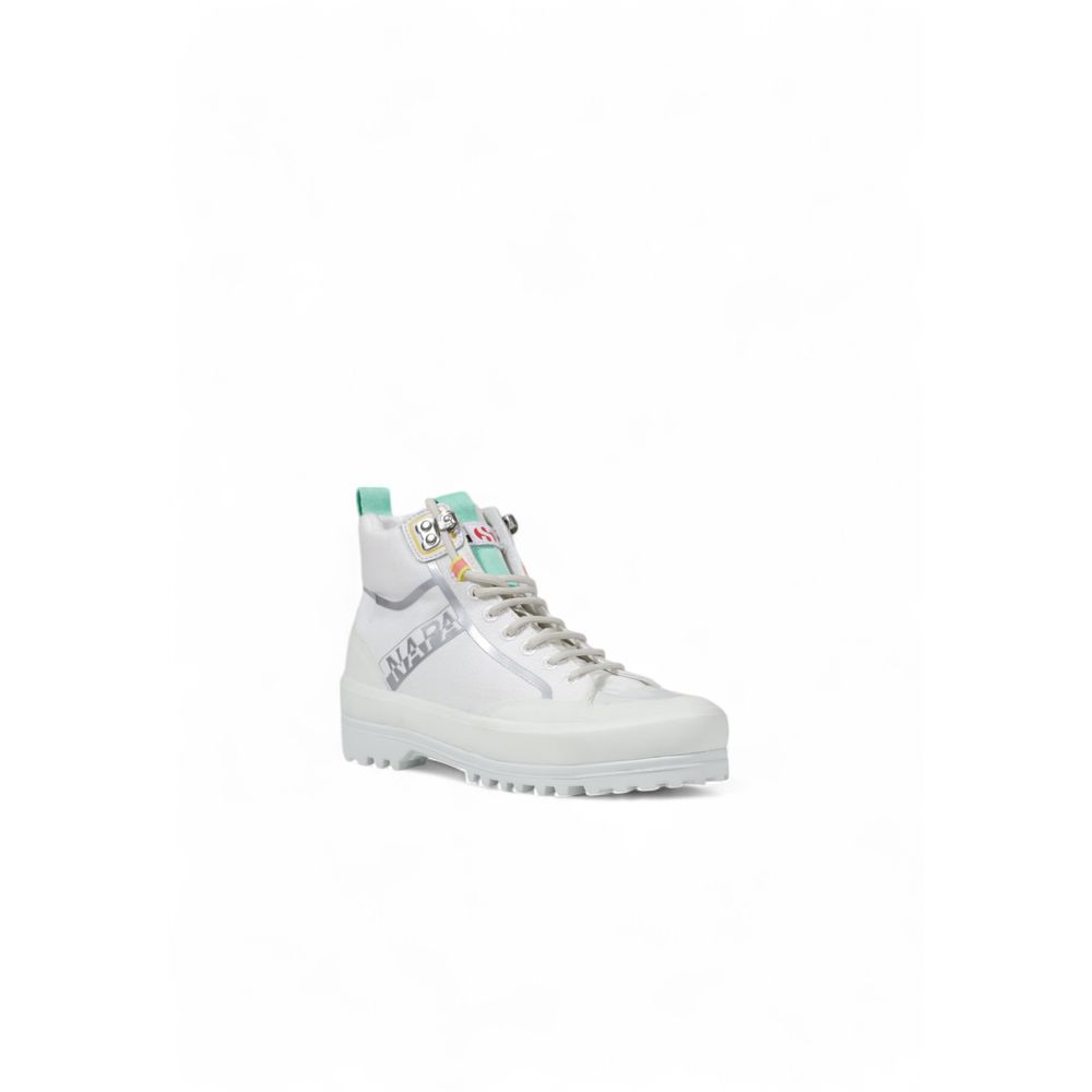 White Fabric Lug-Sole Mid-Cut Sneakers