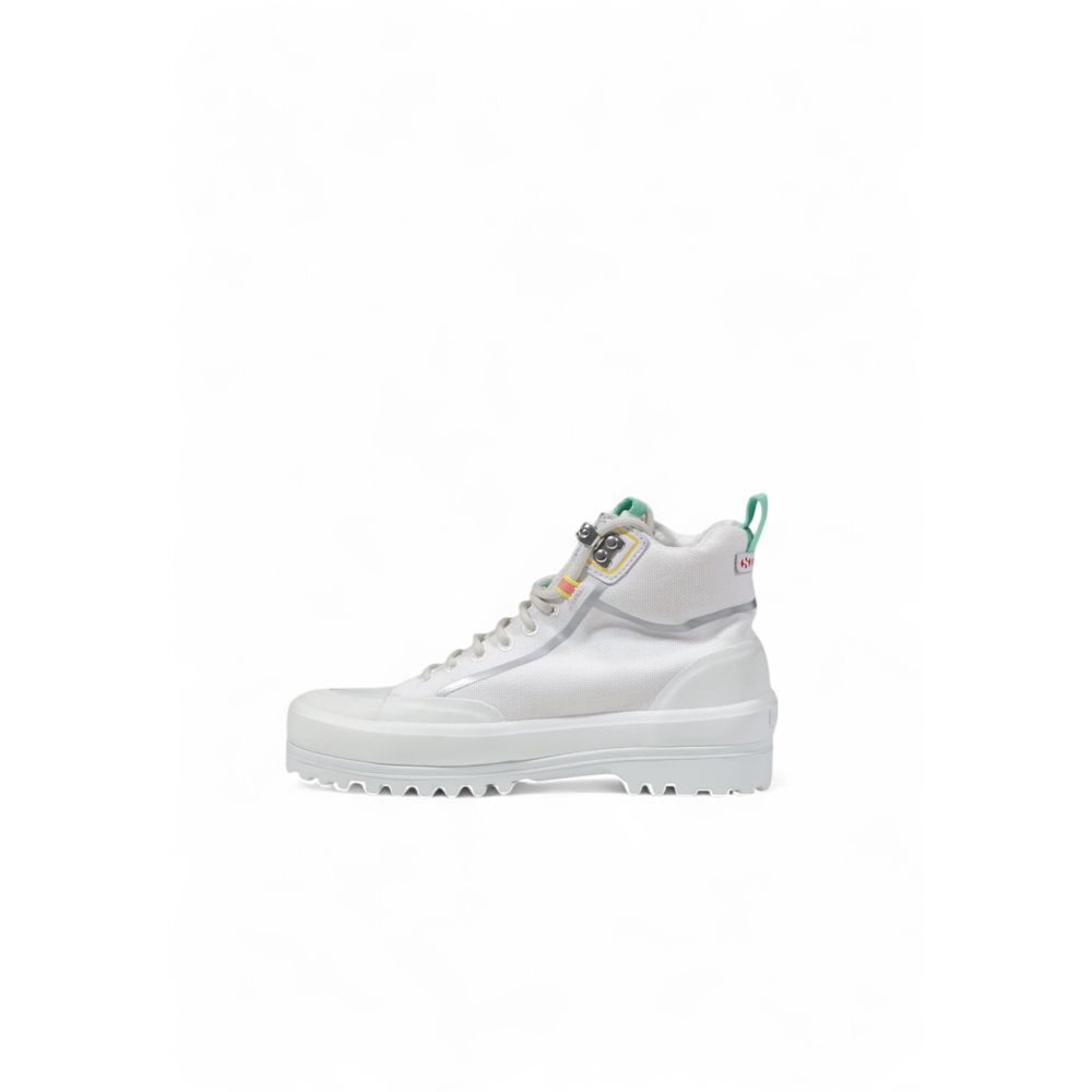 White Fabric Lug-Sole Mid-Cut Sneakers