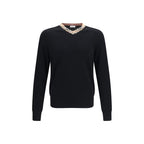 Merino Wool Check Trim V-Neck Sweater