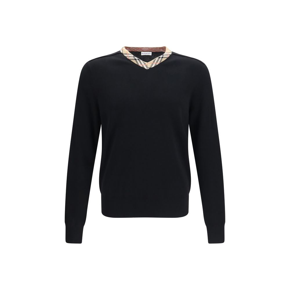 Merino Wool Check Trim V-Neck Sweater
