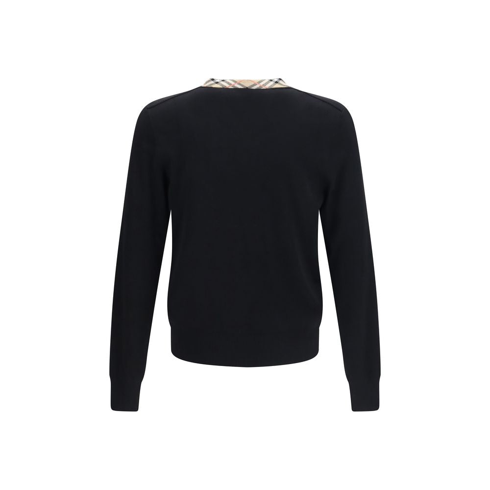 Merino Wool Check Trim V-Neck Sweater