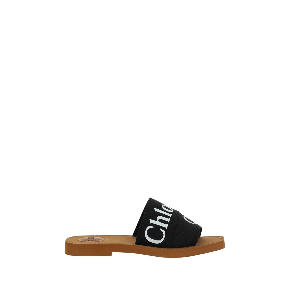 Black Linen Cotton Woody Flat Sandals