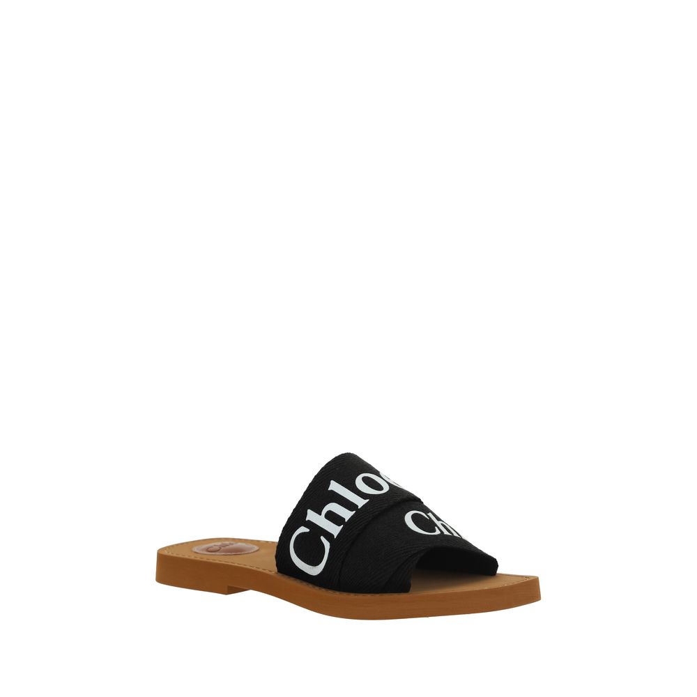 Black Linen Cotton Woody Flat Sandals