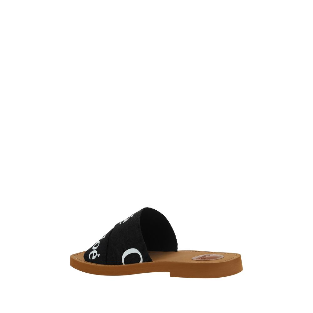Black Linen Cotton Woody Flat Sandals