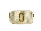 Compact Cream Leather Snapshot Perforated Crossbody Bag