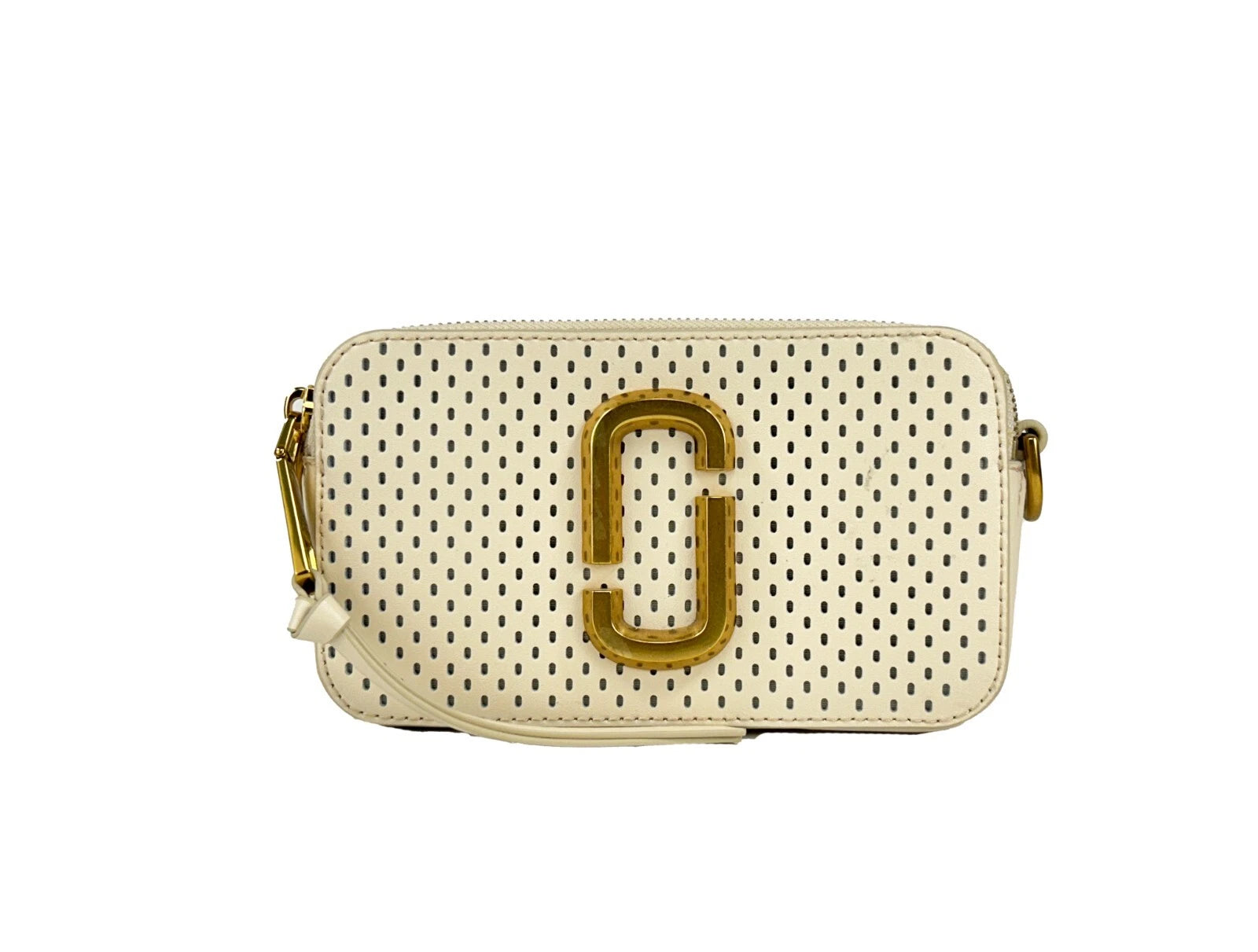 Compact Cream Leather Snapshot Perforated Crossbody Bag