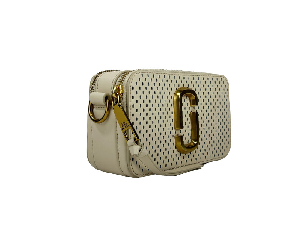 Compact Cream Leather Snapshot Perforated Crossbody Bag
