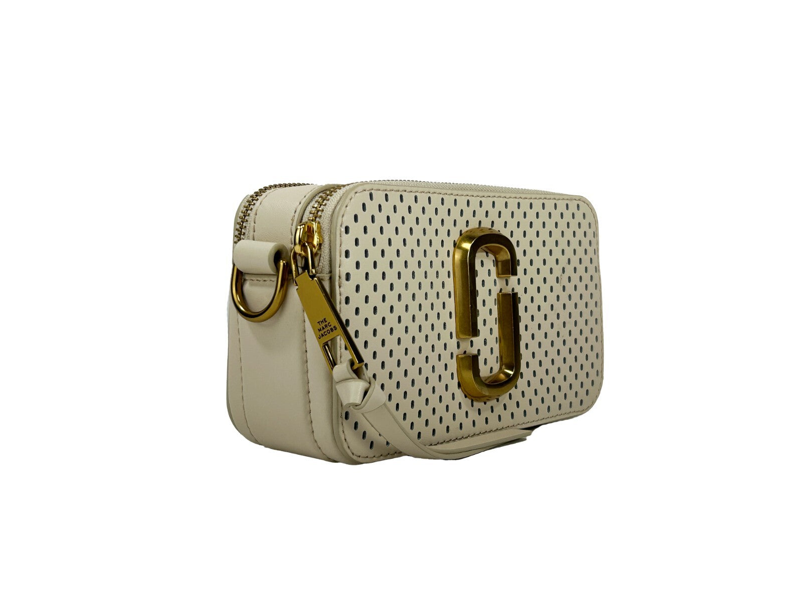 Compact Cream Leather Snapshot Perforated Crossbody Bag
