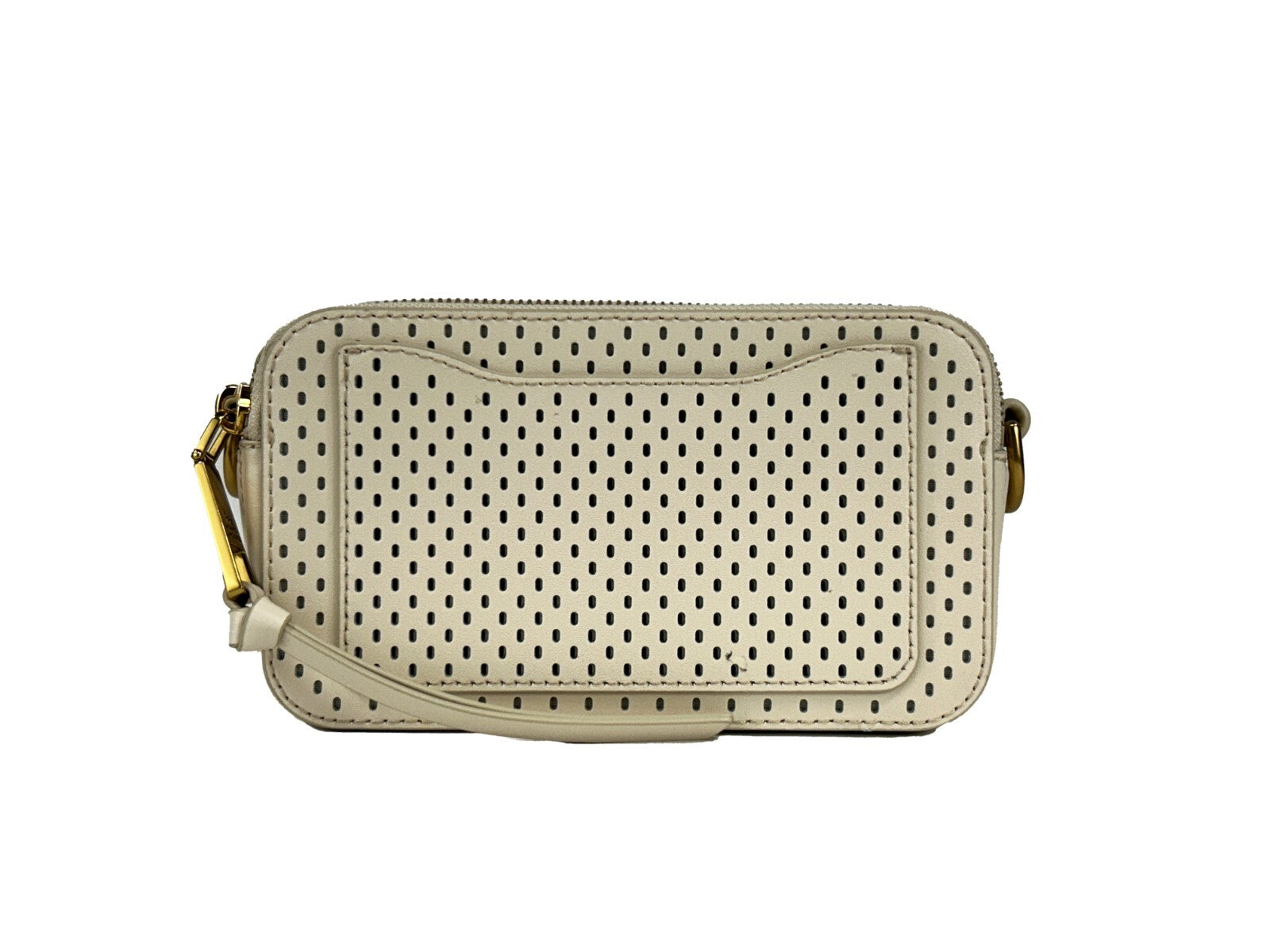 Compact Cream Leather Snapshot Perforated Crossbody Bag