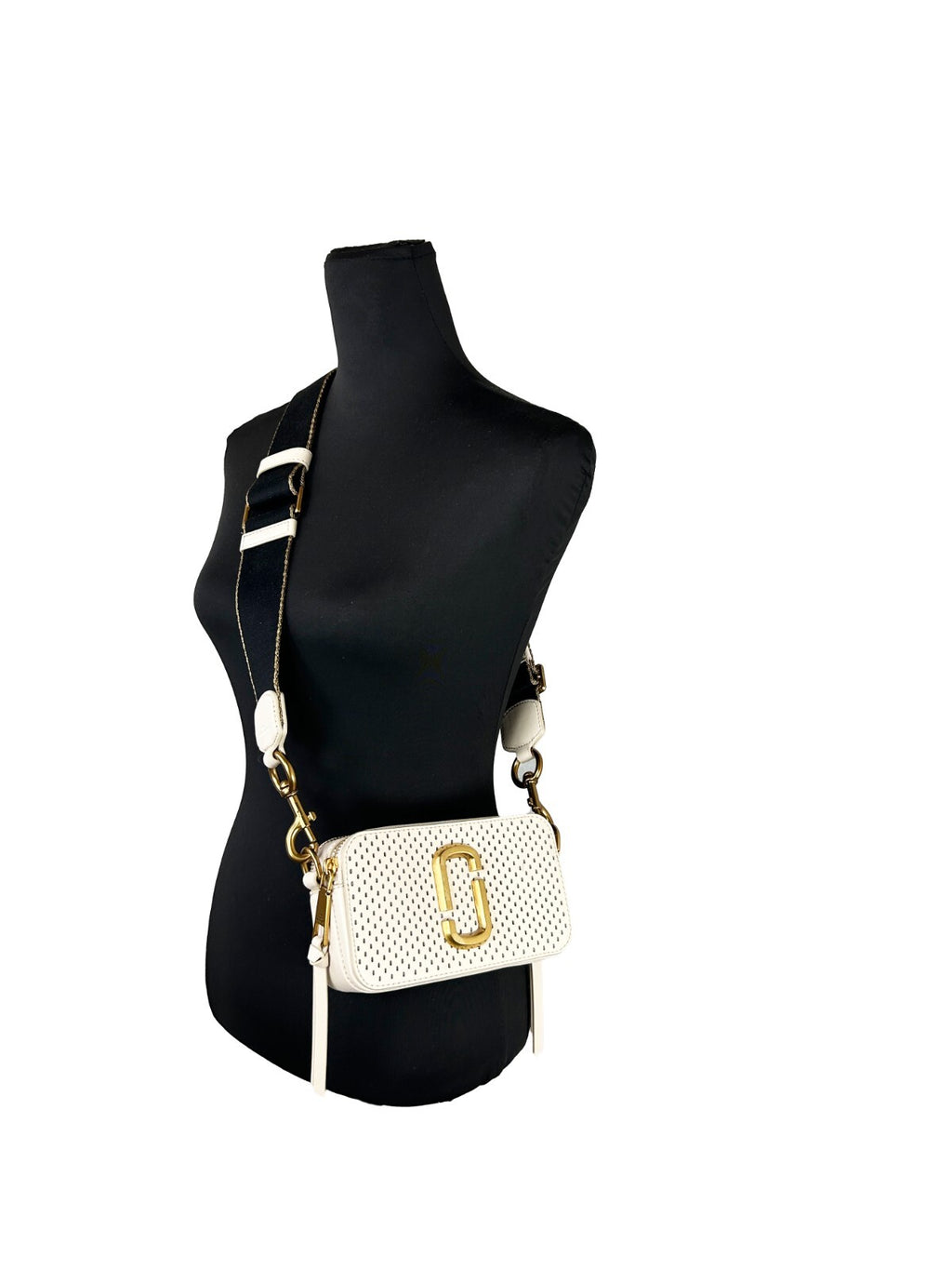 Compact Cream Leather Snapshot Perforated Crossbody Bag