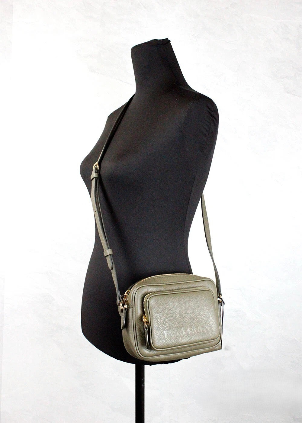 Small Branded Dark Fern Green Grainy Leather Camera Crossbody Bag