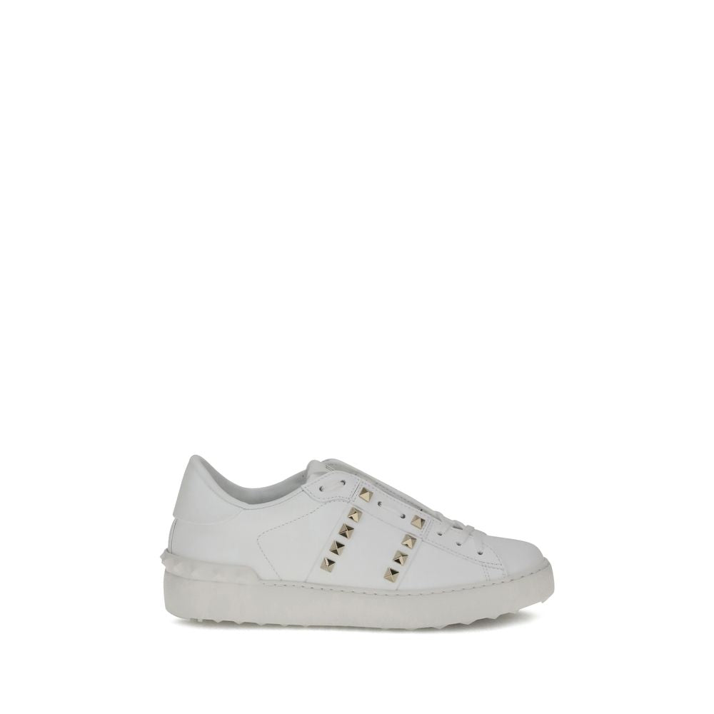 White Calfskin Rockstud Sneakers