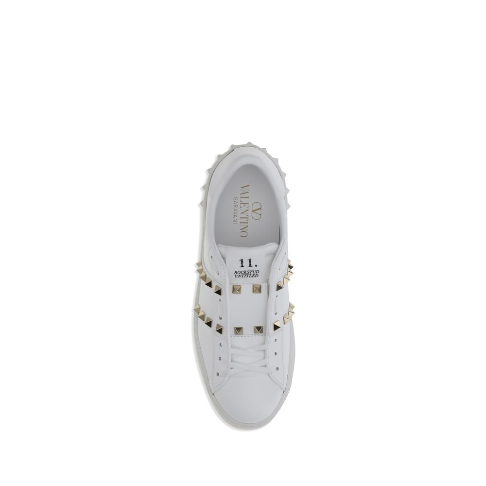 White Calfskin Rockstud Sneakers