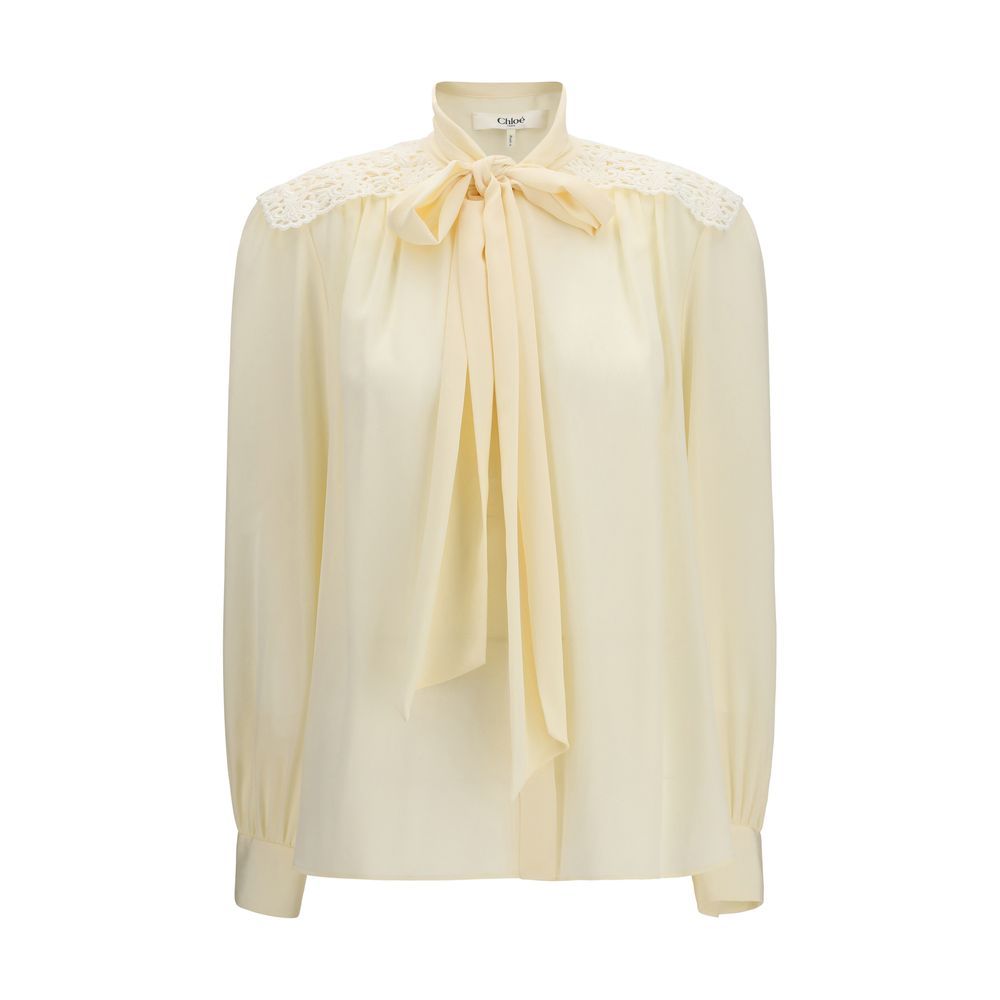Beige Bow-Embroidered Shoulder Blouse