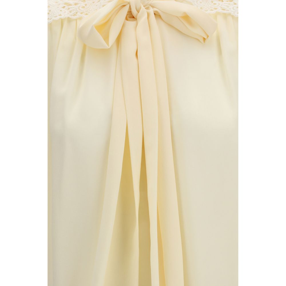 Beige Bow-Embroidered Shoulder Blouse