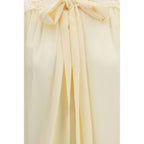 Beige Bow-Embroidered Shoulder Blouse