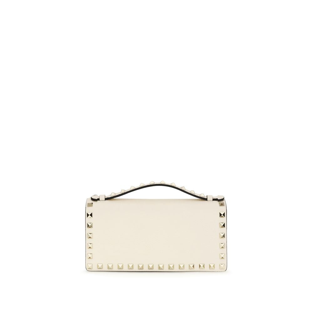 Beige Calf Leather Rockstud Chain Wallet