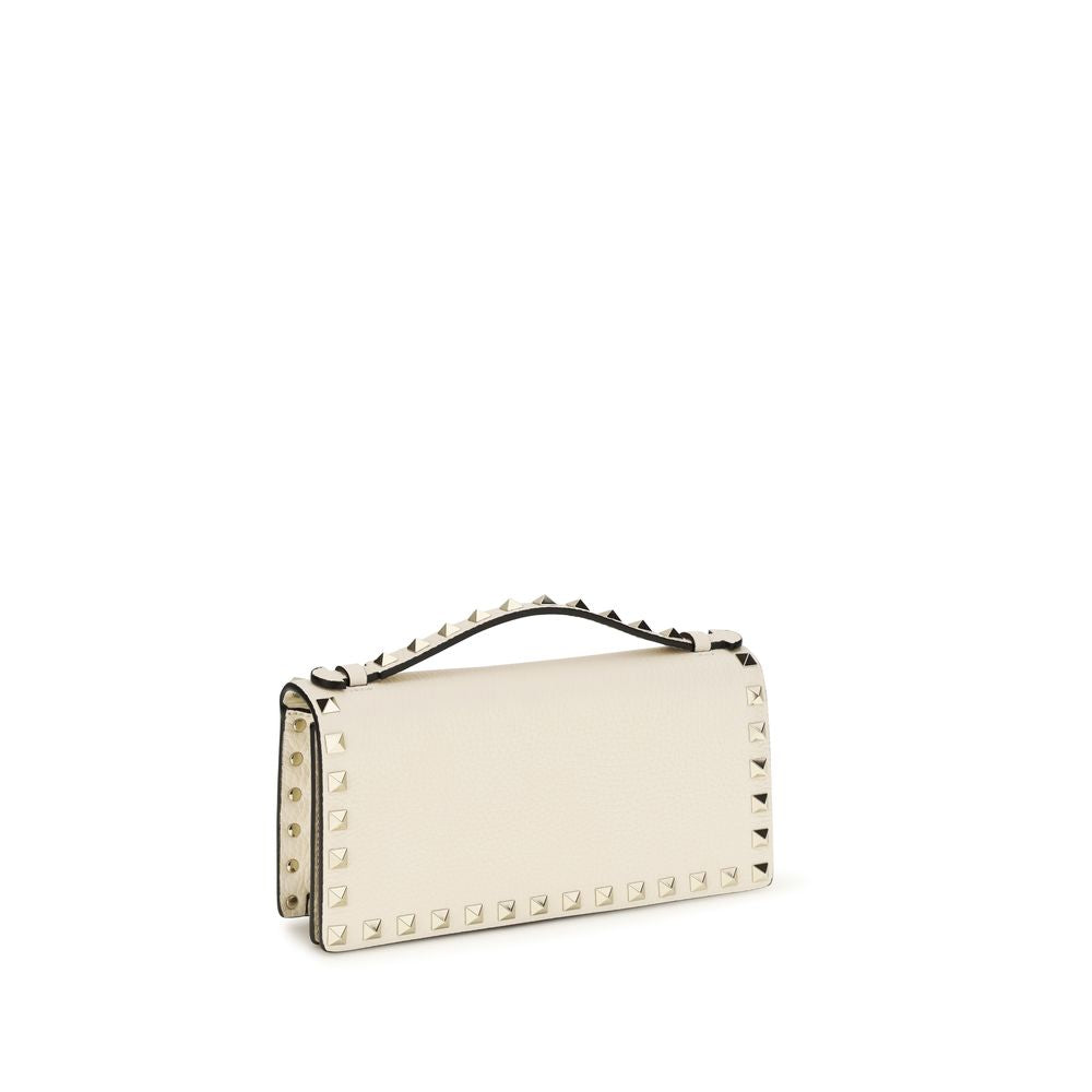 Beige Calf Leather Rockstud Chain Wallet