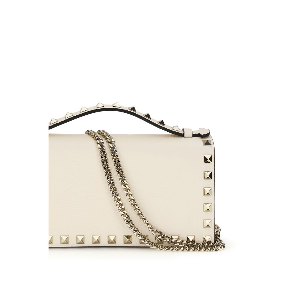 Beige Calf Leather Rockstud Chain Wallet