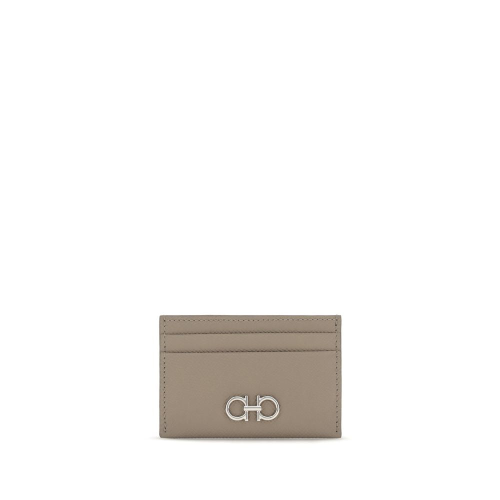 Compact Beige Hammered Calf Leather Gancini Card Holder