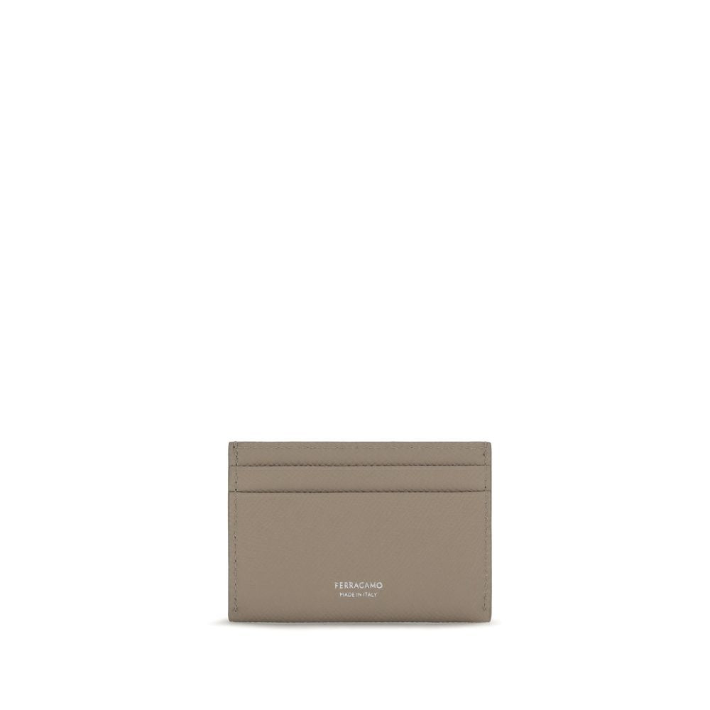 Compact Beige Hammered Calf Leather Gancini Card Holder