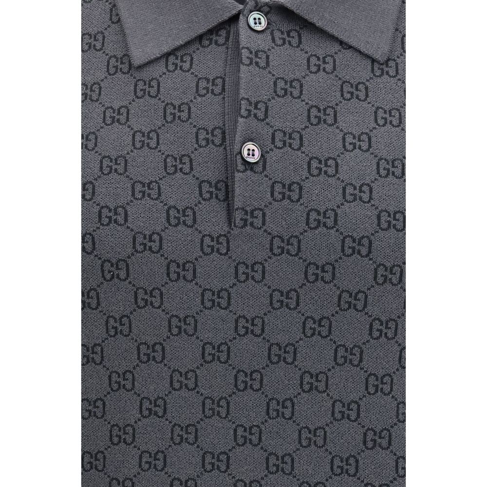 Gray Wool Silk Jacquard Polo Shirt