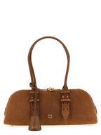 Large Brown Suede Cow Leather Bowling Baguette Shoulder Bag