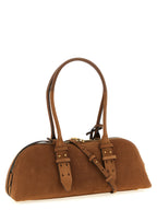 Large Brown Suede Cow Leather Bowling Baguette Shoulder Bag