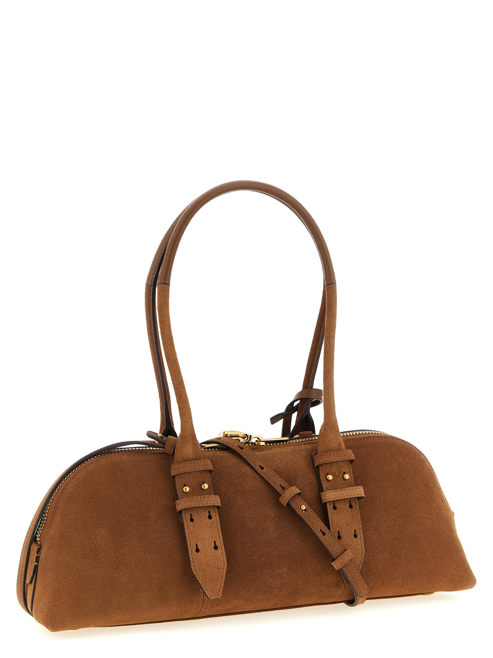 Large Brown Suede Cow Leather Bowling Baguette Shoulder Bag