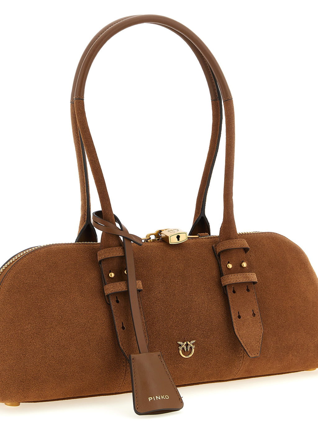 Large Brown Suede Cow Leather Bowling Baguette Shoulder Bag