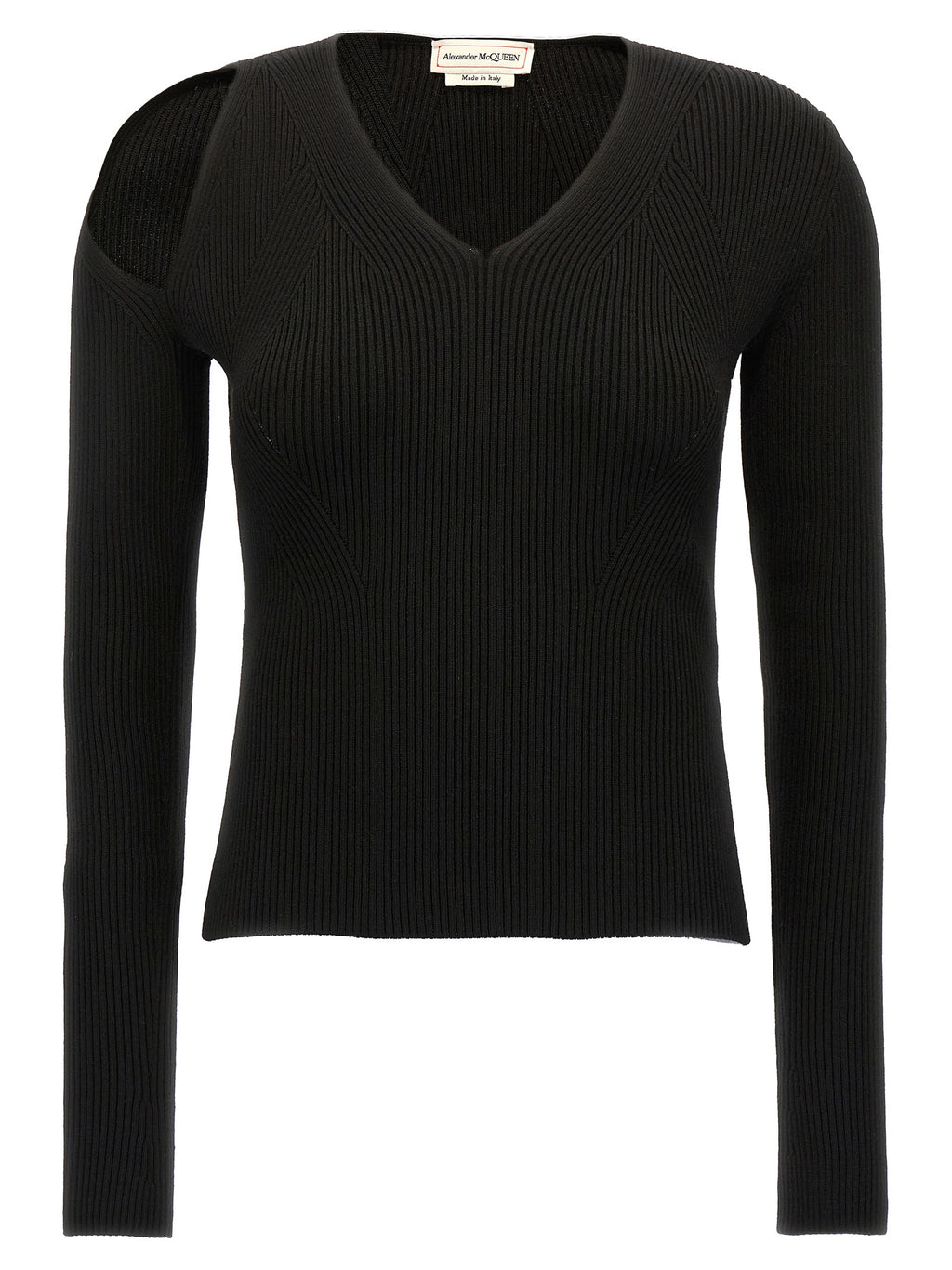 Ribbed Wool Cardigan with Cut-Out Shoulder