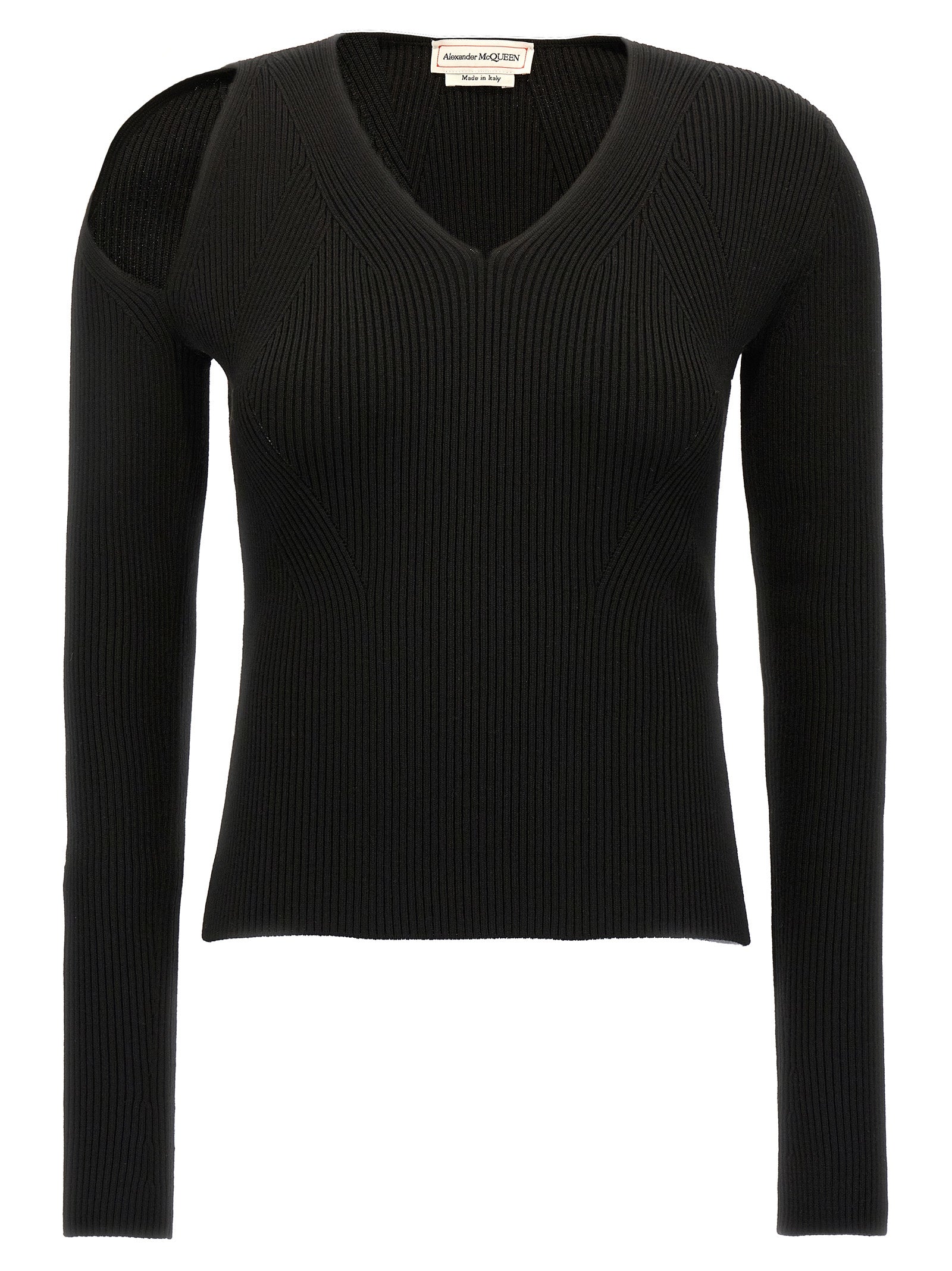 Ribbed Wool Cardigan with Cut-Out Shoulder