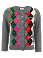 Gray Merino Wool and Cashmere Check Cardigan